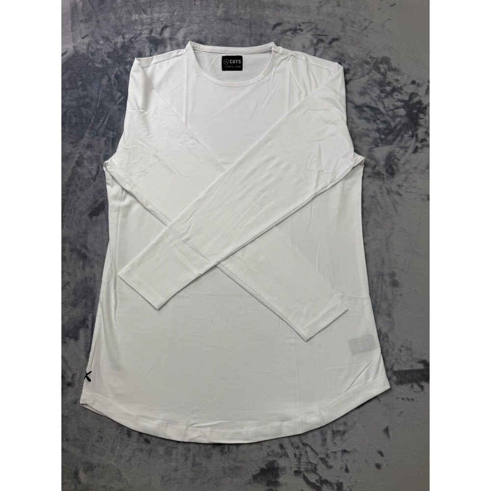 Cuts Clothing Long Sleeve Crew Elongated Fit Curve-Hem T-Shirt Mens Medium White